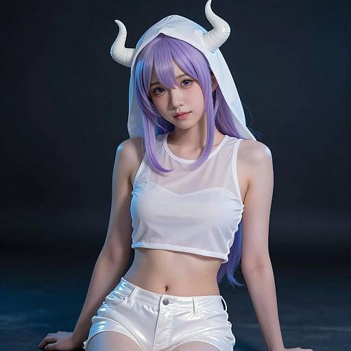 Shy Woman with Purple Hair and Horned Hood