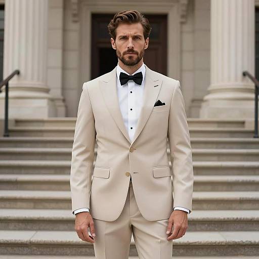 Man in Beige Suit with Black Bow Tie