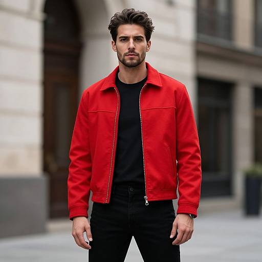 Photograph of a handsome, dark-haired man with a trimmed beard, wearing a bright red jacket over a black shirt, standing confidently on a city street