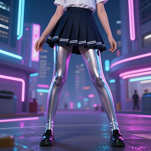CGI image of a girl in a white shirt, black pleated skirt, silver metallic tights, and black shoes, standing in a neon-l