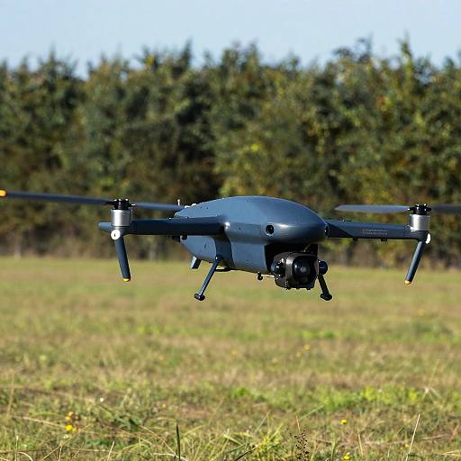 Futuristic Blue Military Drone Hovering