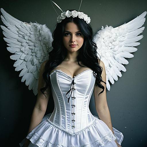 Photograph of a fair-skinned woman with long black hair, white angel wings, and a white corset dress, wearing a white flower crown,