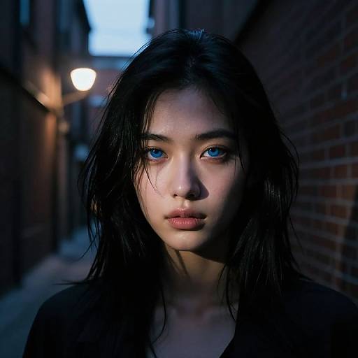 Photograph of a young Asian woman with wet black hair, striking blue eyes, and pale skin, standing in a dimly lit, narrow alley at