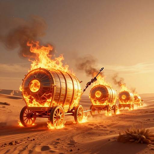 Photograph of three vintage, metal-wheeled, blazing hot air balloons on a desert sand dune during sunset, with orange flames and billowing