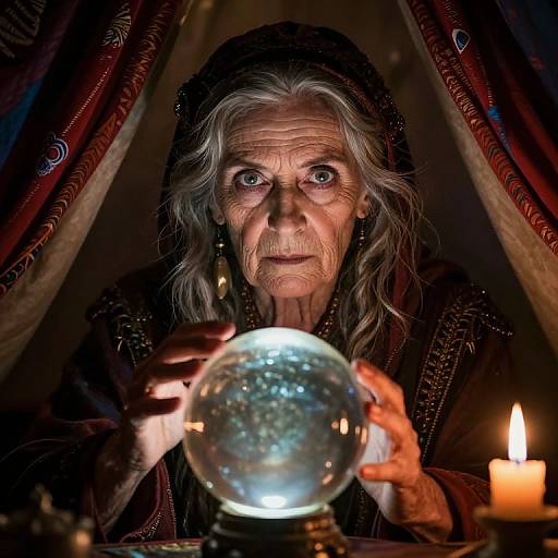 Photograph of an elderly woman with long gray hair, wearing a dark hooded robe, intensely staring at a glowing snow globe, candlelight illuminating