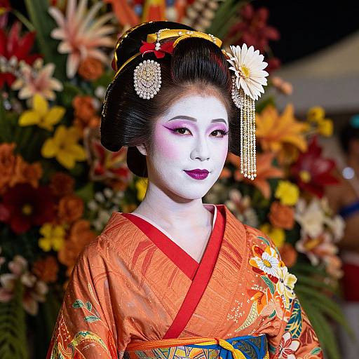 Photograph of an Asian woman in traditional orange kimono with floral patterns, wearing elaborate hair accessories, against a vibrant floral background.