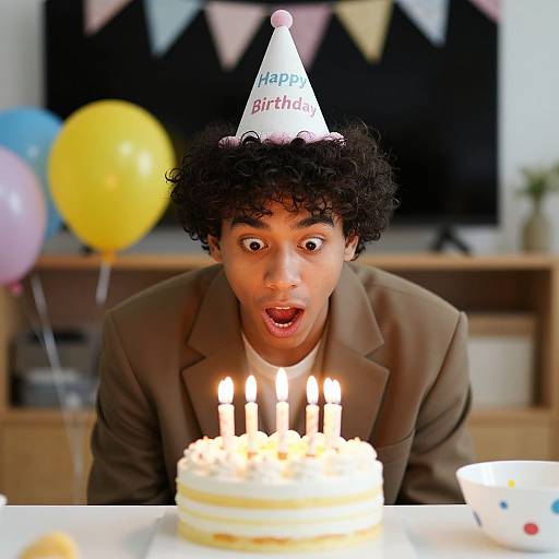 Photograph of a surprised young man with curly hair, brown skin, wearing a 