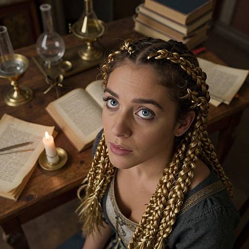 Photograph of a young woman with blue eyes, gold braided hair, and a medieval-style gray dress, sitting by a wooden table with open books