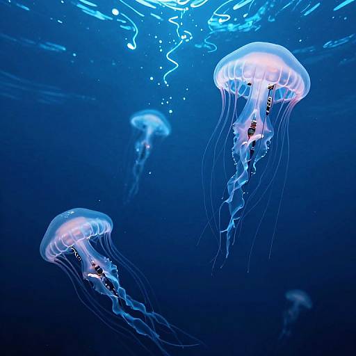 Photograph of three glowing, translucent blue jellyfish with long, flowing tentacles, floating gracefully in a deep blue underwater ocean.