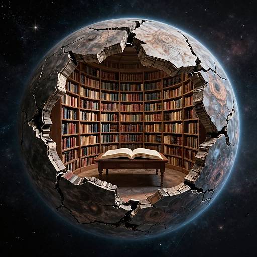 Photograph-like digital art: A library with a wooden table and open book, surrounded by a cracked, moon-like sphere in outer space.
