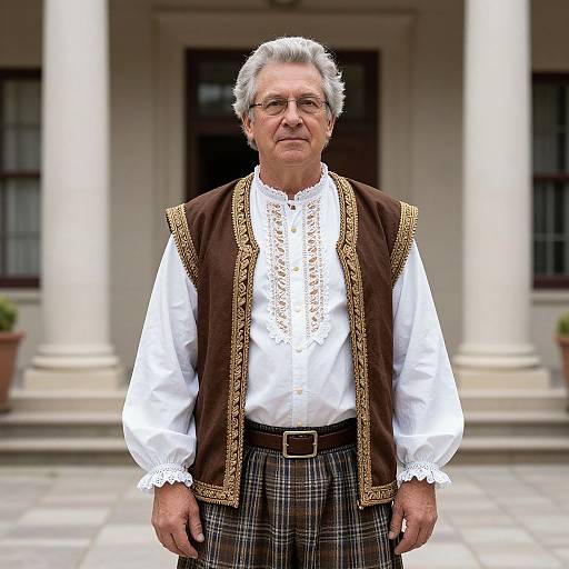 Photograph of an elderly man with gray hair and glasses, wearing a white lace shirt, brown embroidered vest, and plaid pants, standing in front