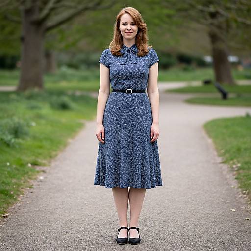 Photograph of a smiling woman with light brown hair, wearing a blue polka dot dress with black belt and black shoes, standing on a paved path