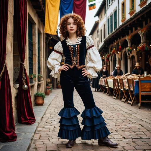 Young Woman in Renaissance Outfit at Marketplace