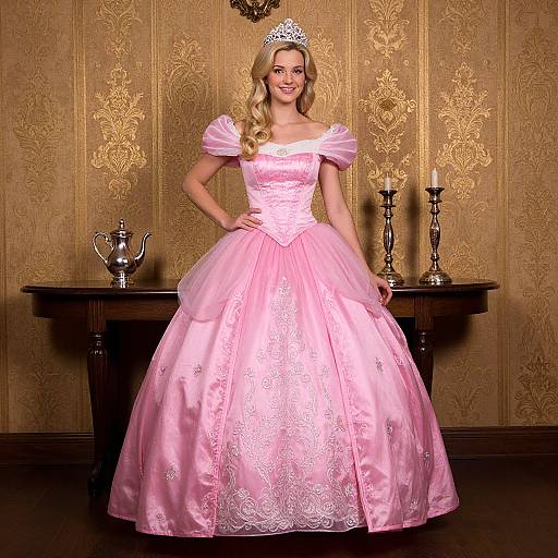 Photograph of a blonde woman in a pink, lace-embellished princess gown and tiara, standing in front of an ornate, gold