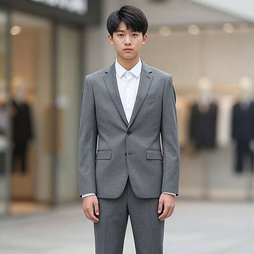Photograph of a young Asian man with black hair, wearing a gray suit and white dress shirt, standing in a blurred, modern store setting.