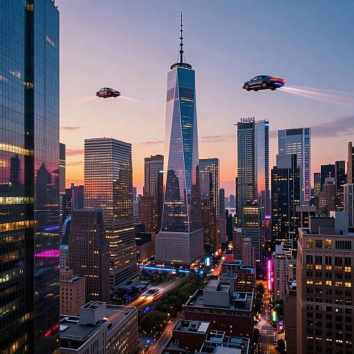 Photograph of a futuristic cityscape at sunset, featuring the One World Trade Center with three flying cars and illuminated skyscrapers.