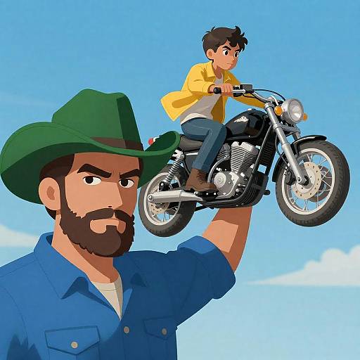 Man Holding Boy on Motorcycle Illustration