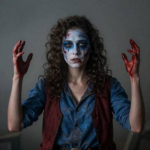 Woman with Pale Blue Face Paint and Bloodied Hands