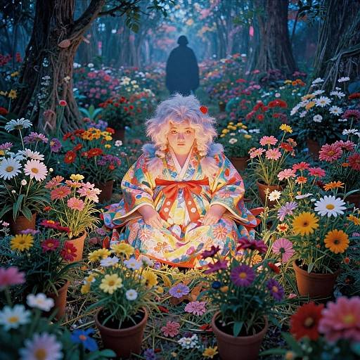 Photograph of a curly-haired woman in a colorful floral kimono, illuminated amidst vibrant flower pots in a magical forest path, with a silhouet