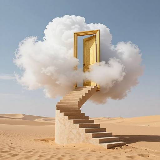 Digital artwork of a golden door framed by a fluffy white cloud, ascending a stone staircase in a sandy desert under a clear blue sky.