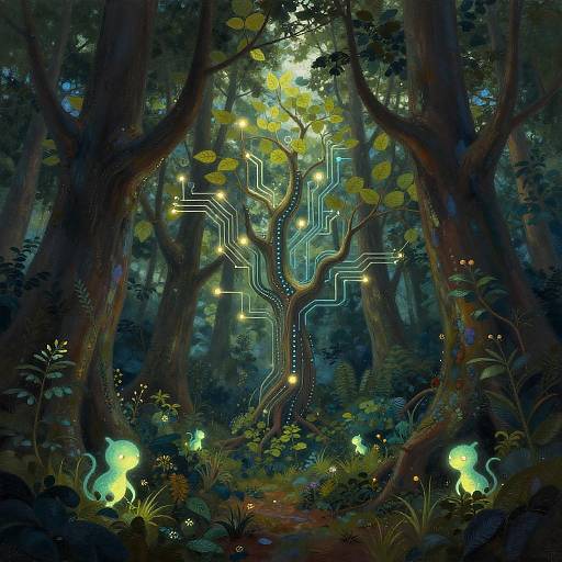 Digital fantasy artwork of a dark forest with glowing, circuit-like tree at center, surrounded by bioluminescent creatures and lush greenery.