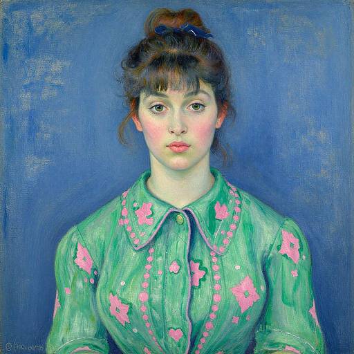 Impressionist-style painting of a fair-skinned woman with brown hair in a bun, wearing a green floral blouse, against a blue background. Artist