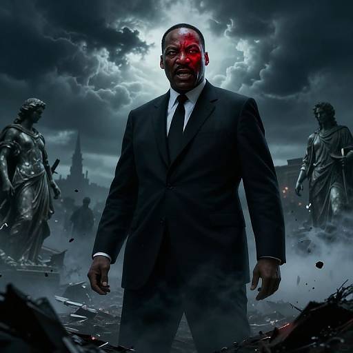 Photograph-like digital artwork of a menacing black man in a suit with a red glowing eye, standing between two statues, under a stormy, moon