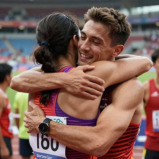 Athletes Embracing in Stadium Unity