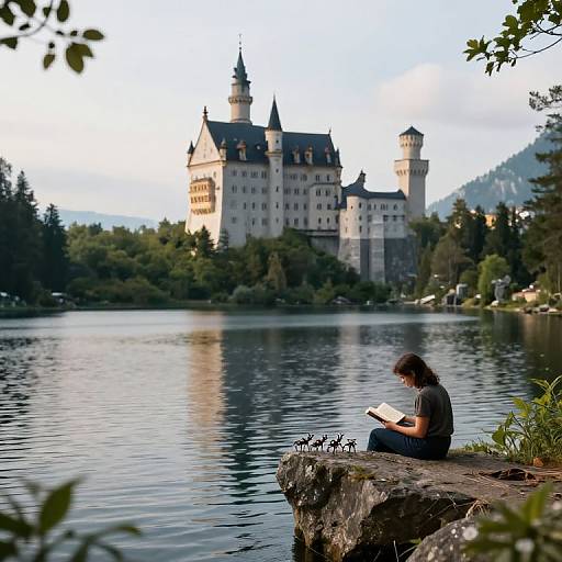 Photograph of a woman with shoulder-length brown hair, sitting on a rocky lakeside, reading a book, with a majestic castle reflected in the calm