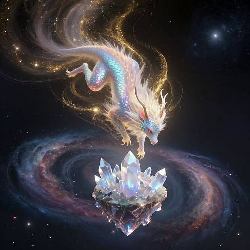 Digital artwork of a glowing, ethereal dragon with blue and white scales, fiery mane, and red eyes, hovering above a crystal cluster in a cosmic