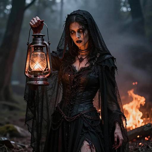 Dark Matron with Lantern in Haunted Forest