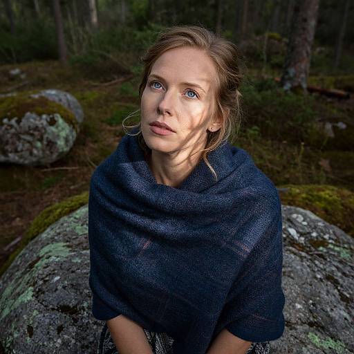 Photograph of a fair-skinned woman with blue eyes, wearing a dark blue shawl, sitting on moss-covered rocks in a dimly lit forest