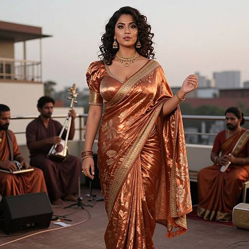 Photograph of a curvy South Asian woman with dark curly hair, wearing a golden-orange silk saree with intricate gold embroidery, walking confidently on a