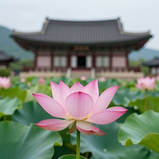 Pink Lotus with Korean Temple Background