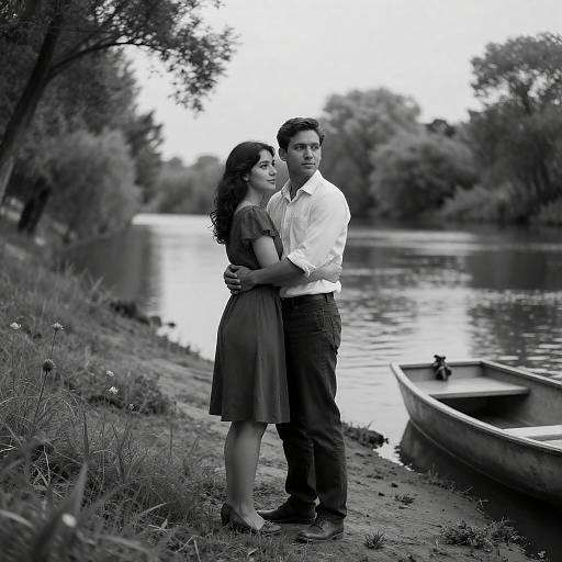 Black-and-White Riverbank Couple Embrace
