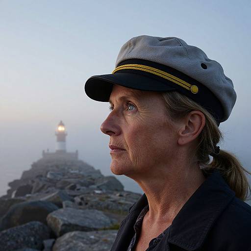 Photograph of an older woman with light skin, wearing a grey cap with yellow trim, black shirt, gazing at a foggy lighthouse in