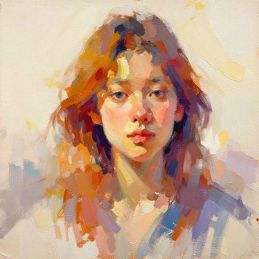 Impressionistic digital painting of a young woman with red-orange hair, soft white and yellow background, brushstrokes blending colors, subtle expression.