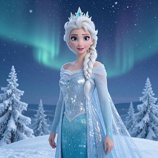 Digital artwork of Elsa from Frozen standing in a snowy forest, wearing her shimmering ice-blue dress and crown, with aurora borealis in the night