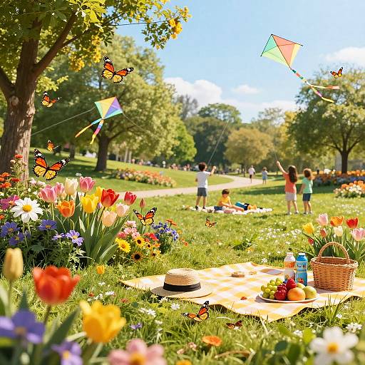 Photograph of a sunny park picnic with colorful flowers, butterflies, a wicker basket, blanket, and people flying kites in the background.