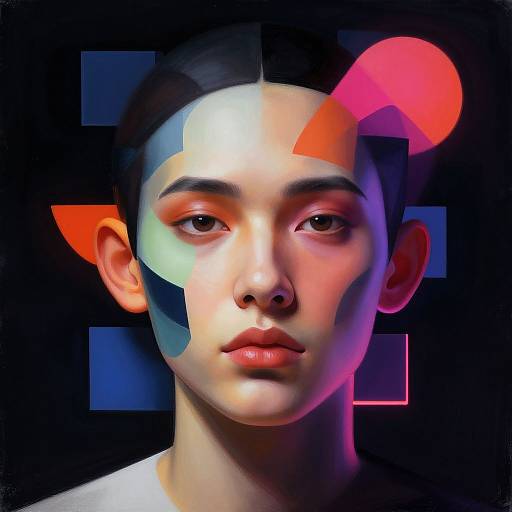 Digital portrait of a young man with a divided face, colored in blue, green, and red geometric shapes, against a dark background. Neon accents highlight