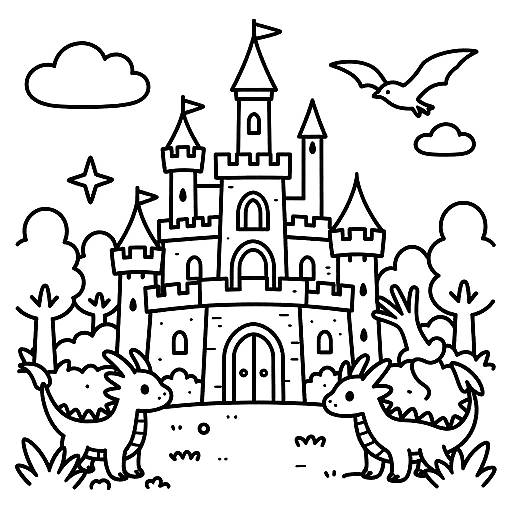 Black and white line drawing of a whimsical castle with multiple turrets, towers, and arched entrances, surrounded by clouds and trees.