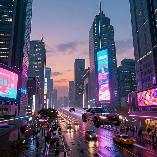 Photograph of a vibrant, rainy urban cityscape at dusk, featuring neon-lit skyscrapers, glowing billboards, and blurred car lights on