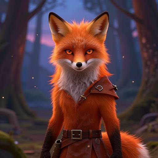 Digital art of a vibrant, orange-furred fox with piercing amber eyes, wearing a brown leather shoulder strap and belt, standing in a mystical, twilight