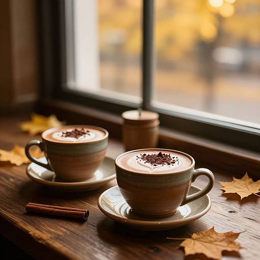 Photograph of two ceramic cups with hot chocolate and cocoa powder, on saucers, on a wooden windowsill with autumn leaves, cinnamon sticks,