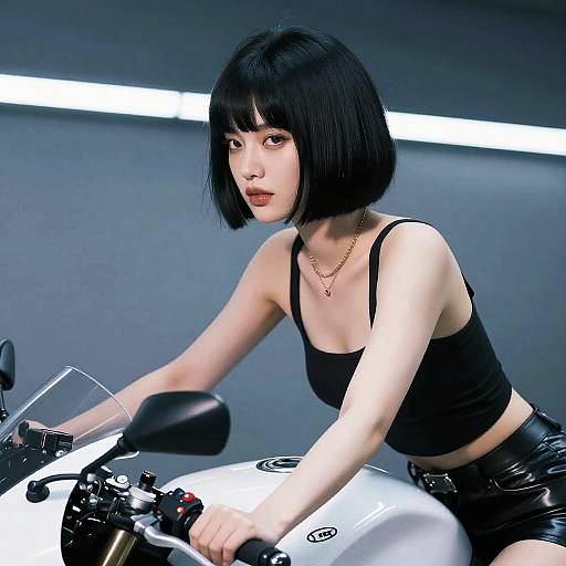 Digital art of an Asian woman with a black bob haircut, wearing a black tank top and leather shorts, riding a white motorcycle. Modern, neon-l