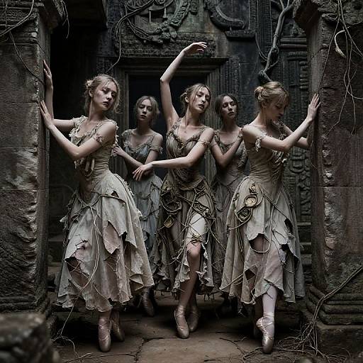 Photograph of five ethereal ballerinas in tattered, vine-entwined, white dresses, posing gracefully in an ancient, carved stone