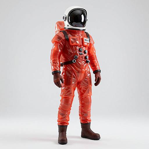 Photograph of a person in a bright red, glossy, full-body astronaut suit with a white helmet and black boots, standing against a white background.