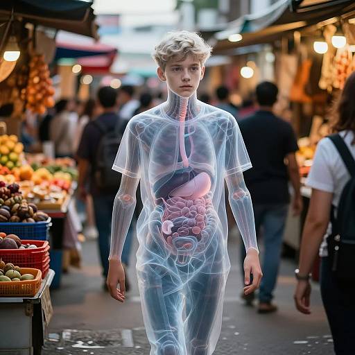 Translucent Teen in Vibrant Marketplace