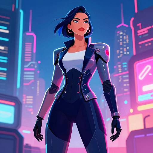 Digital illustration of a confident, dark-haired woman in a black leather jacket, white top, and black pants, standing in a neon-lit, futuristic