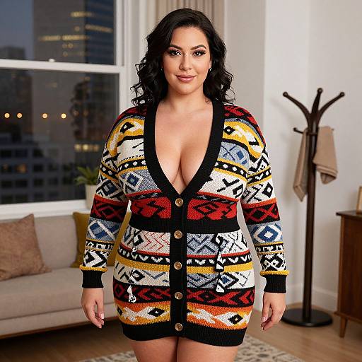 Photograph of a curvy woman with dark curly hair, wearing a colorful, patterned cardigan with deep V-neck, standing in a modern apartment